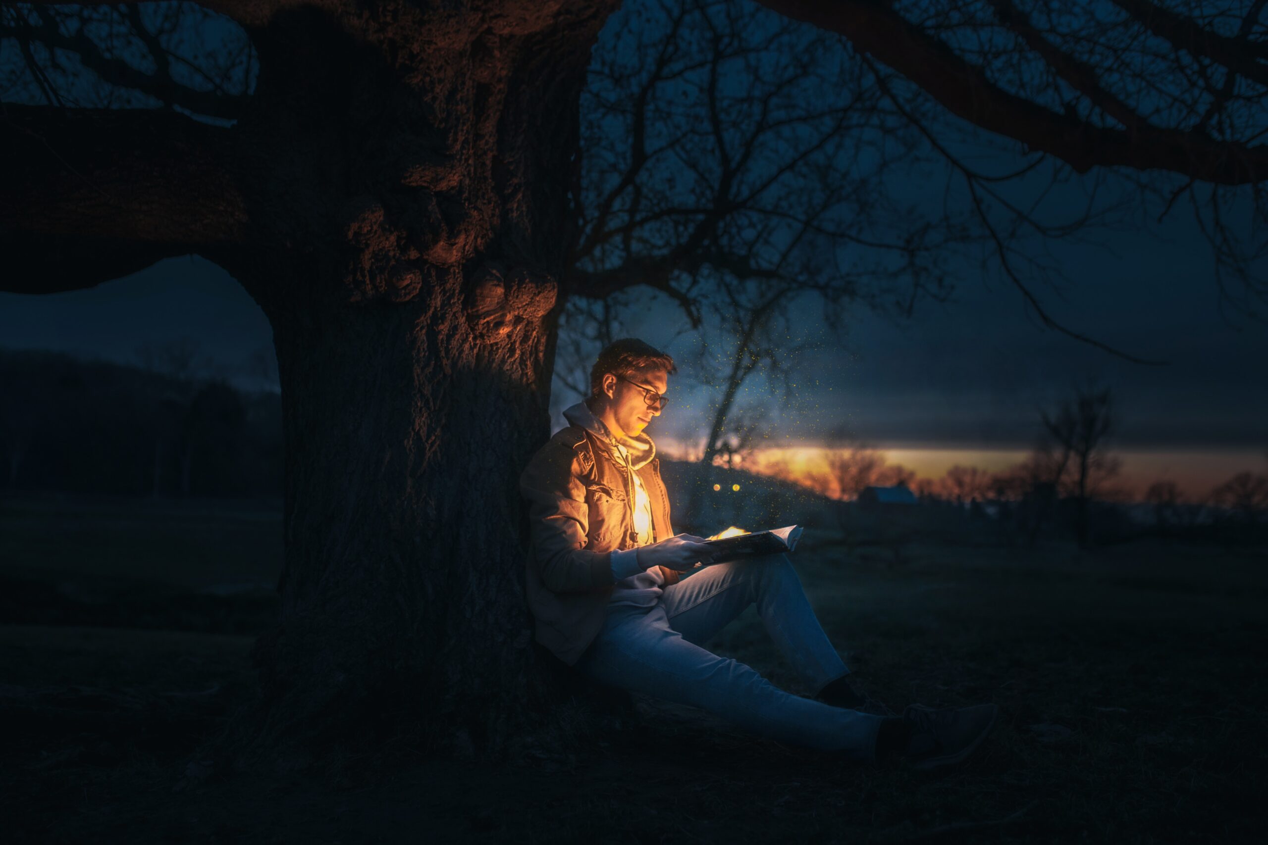 Digital storytelling | A person sitting underneath a beautiful tree at dusk, engrossed in reading a book with glowing pages. This image complements the blog post titled 'The art of digital storytelling: Crafting compelling narratives for your brand,' illustrating the power of captivating storytelling in creating a profound connection between a brand and its audience