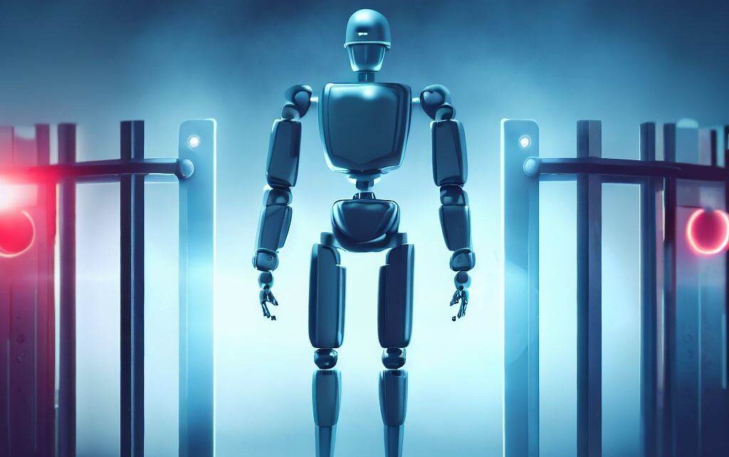 Web Security AI Guardian: A robot standing vigil at illuminated gates on a neon blue backdrop, symbolising the role of artificial intelligence in safeguarding digital realms